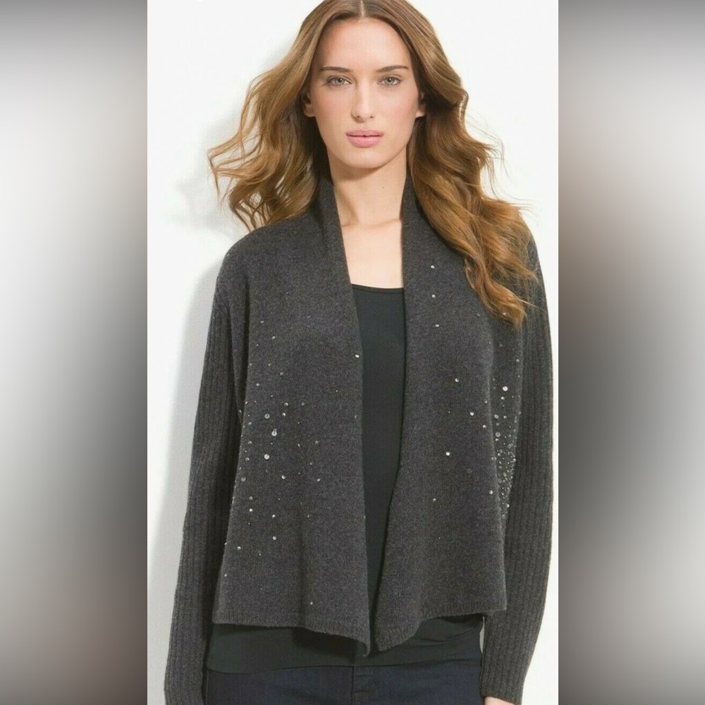 Eileen Fisher Shaped Angled Hem Sequined Merino Dark Grey Cashmere Sweater M